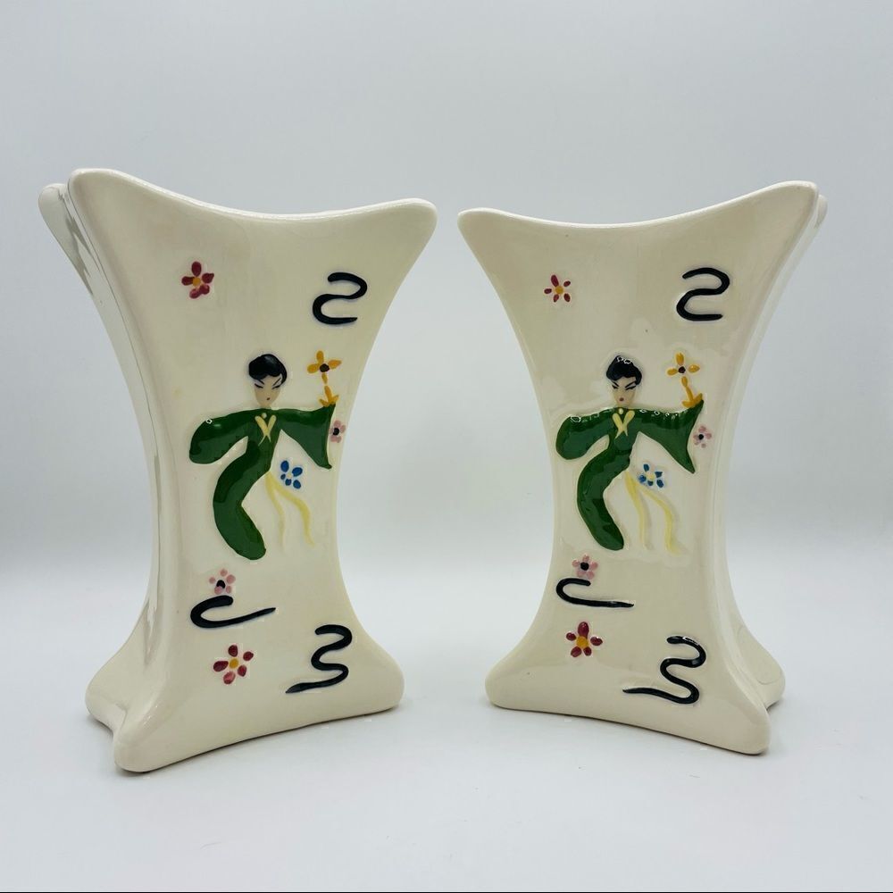 Vintage MCM Asian Dancer Vases Ceramic
